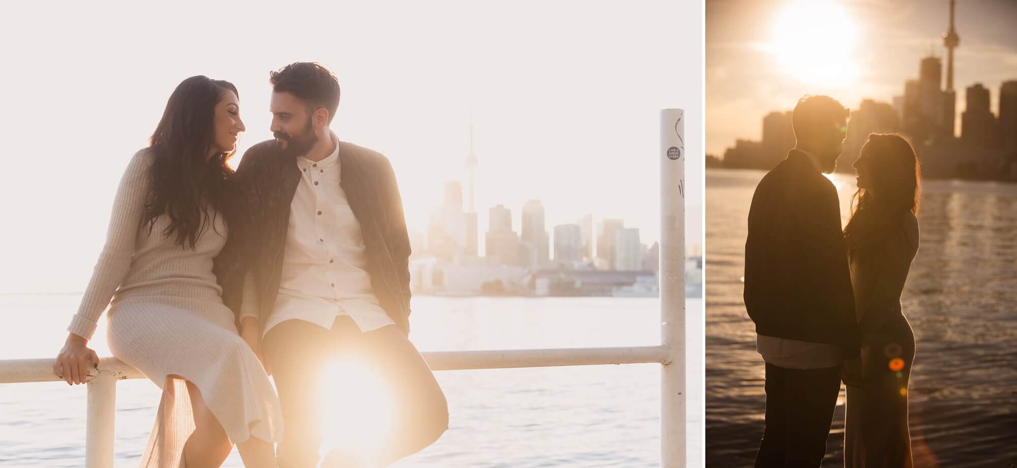A couple poses in front of Toronto's CN Tower backdrop for their engagement session at sunset