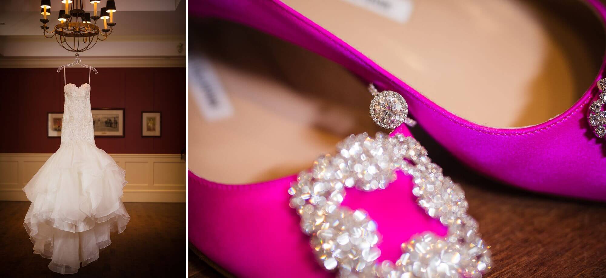 Details of the Bride's dress hanging from a chandelier and the ring with pink wedding shoes at Lambton G&CC in Toronto