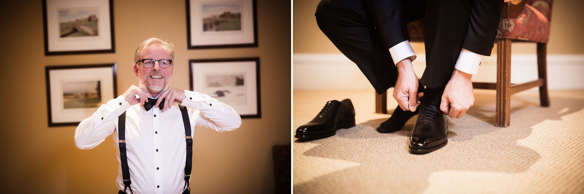 Portraits of the groom getting his tie and shoes done up at Lambton G&CC in Toronto