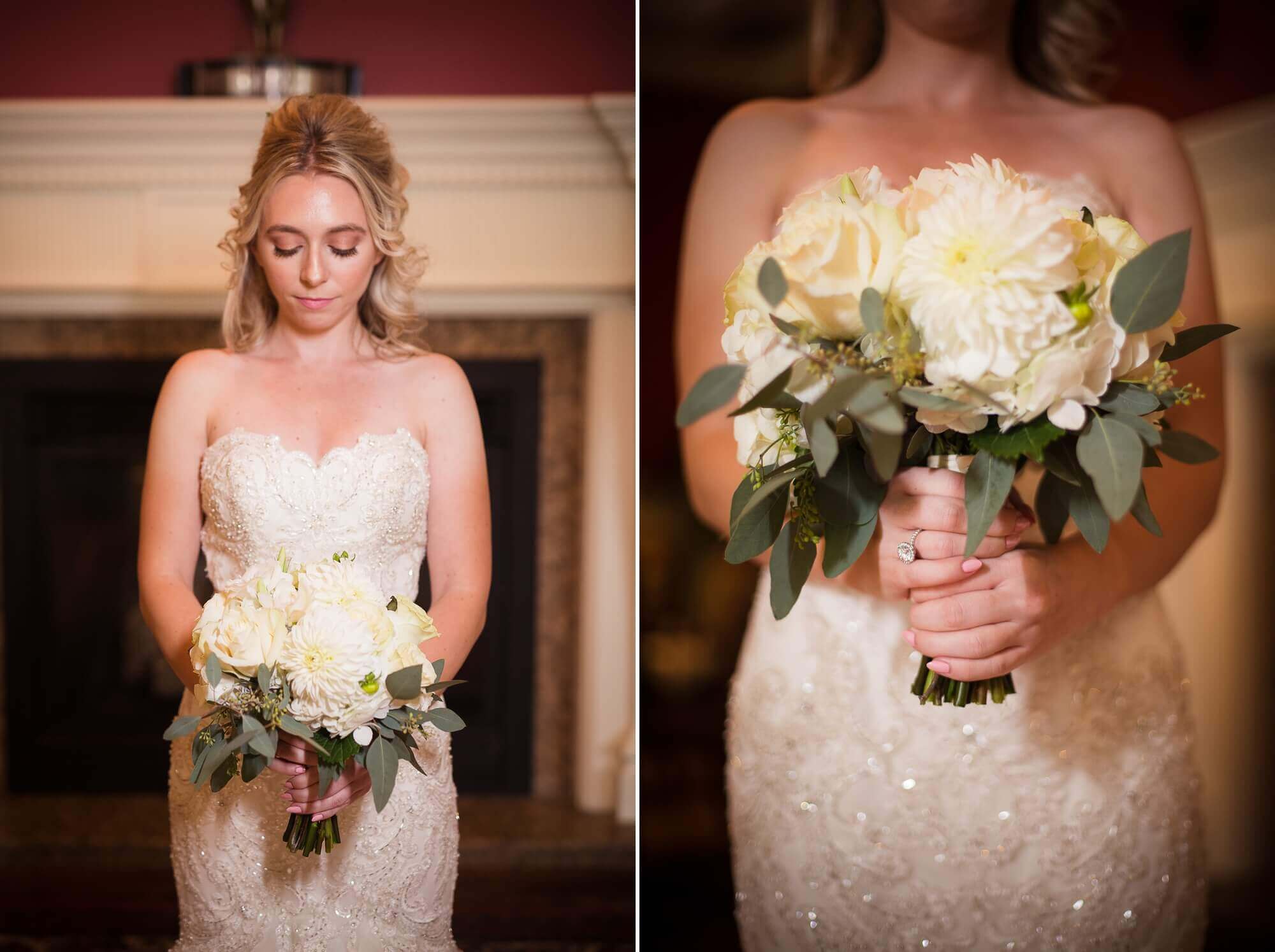 Portraits of the bride and details of her bouquet at Lambton G&CC in Toronto