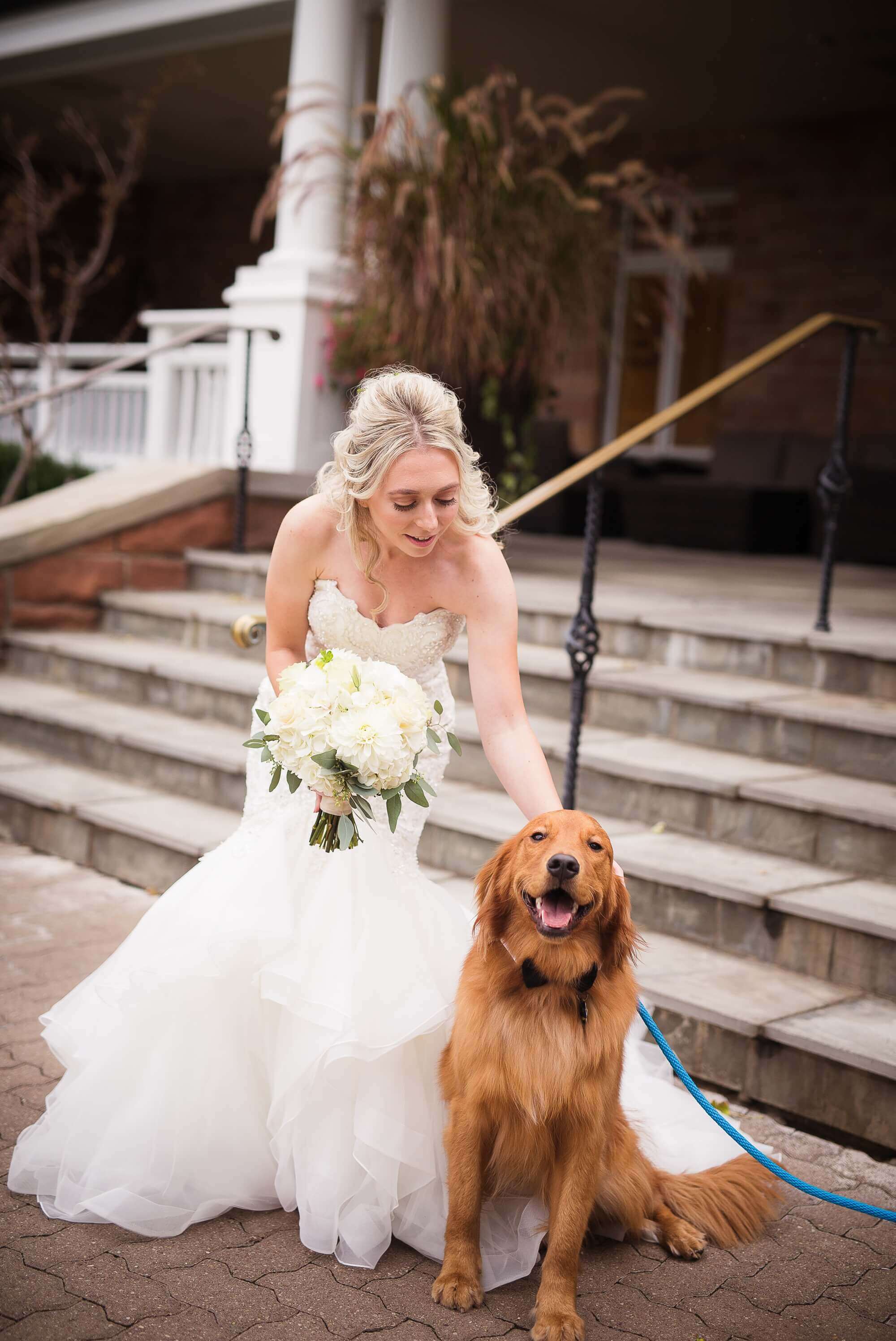 The bride and a dog after the ceremony at Lambton Golf & Country Club