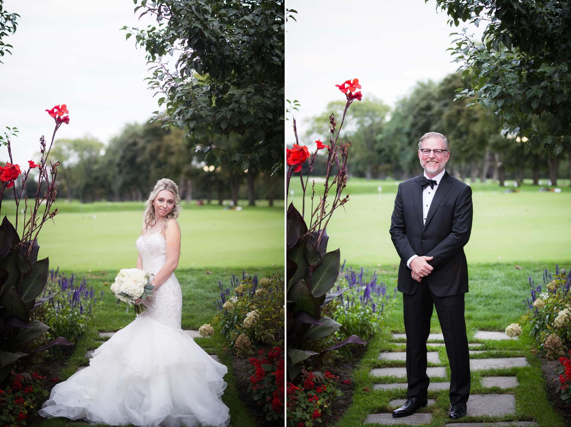 Beautiful individual portraits of the bride and groom in the Lambton Golf & Country Club gardens 