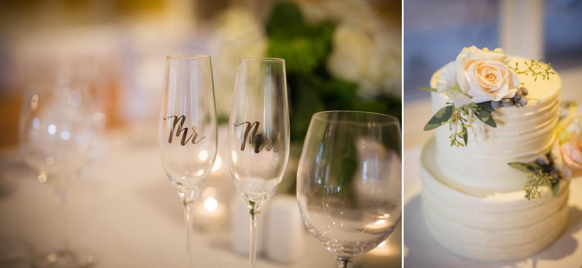 Details of the bride and grooms champagne glasses and wedding cake at Lambton Golf & Country Club
