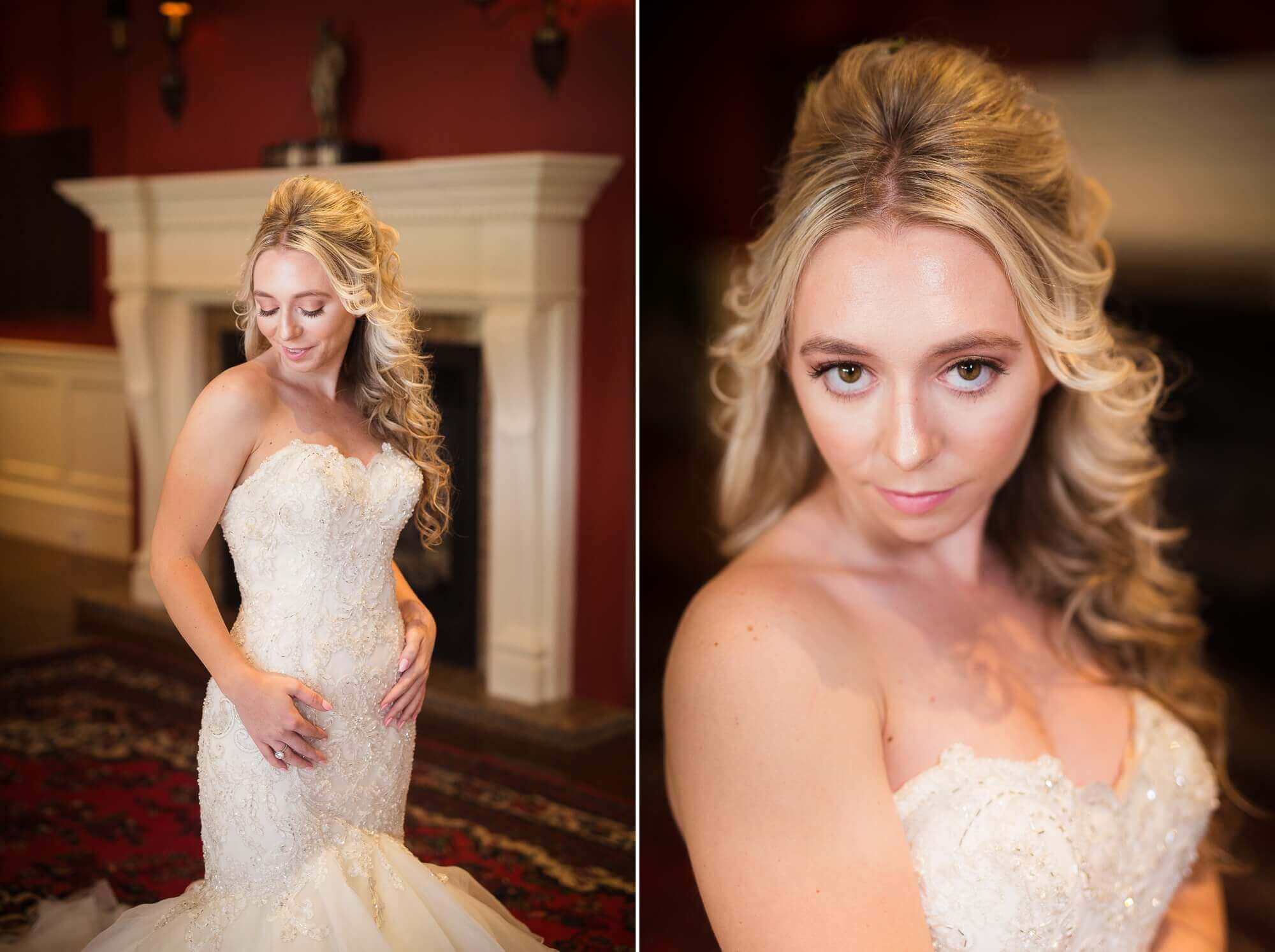 Portraits of the Bride in front of the fireplace at Lambton G&CC in Toronto