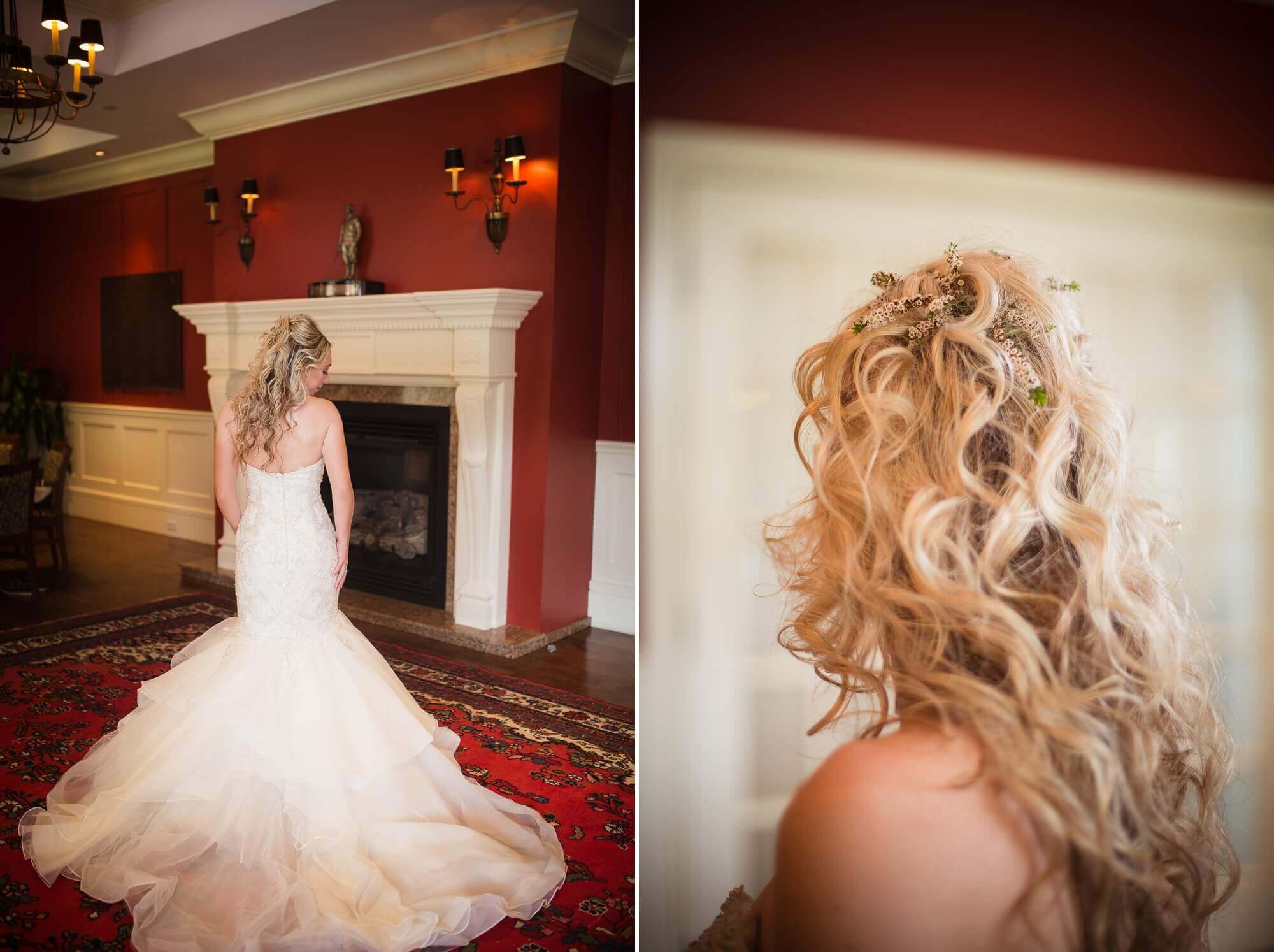 Detailed portraits of the brides hair in front of the fireplace at Lambton G&CC in Toronto