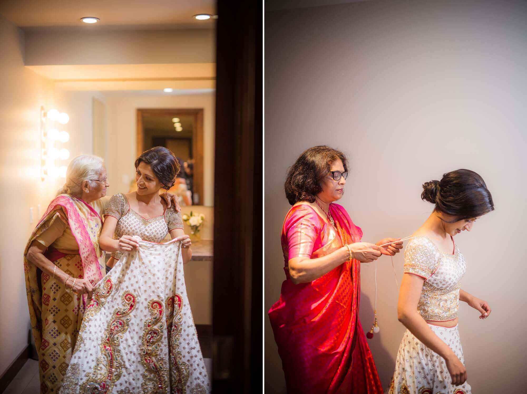 Portraits of the bride lacing her Sari Hindu dress at the Palais Royale Bridal Room, Toronto