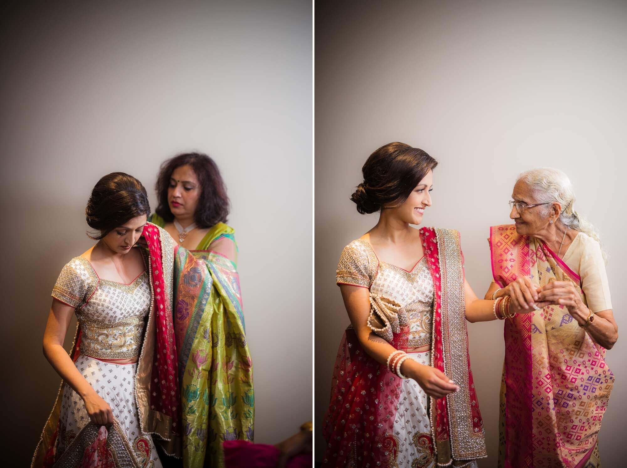 Portraits of the bride placing the final touches to her Sari Hindu dress at the Palais Royale Bridal Room, Toronto