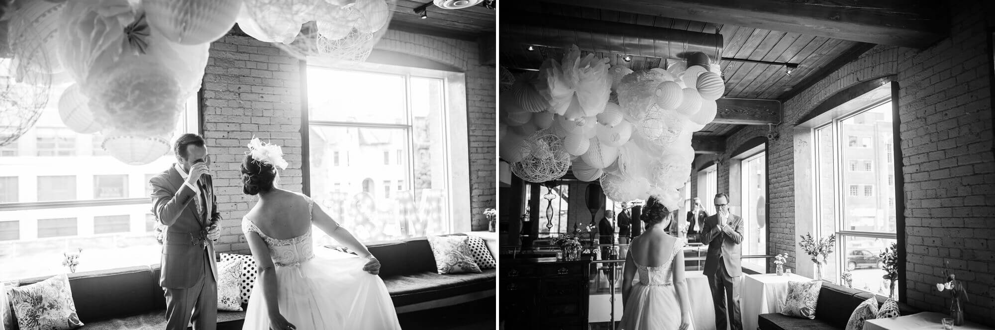 Black and white portraits of the groom wiping his eyes at the sight of his bride at Hotel Ocho, Toronto