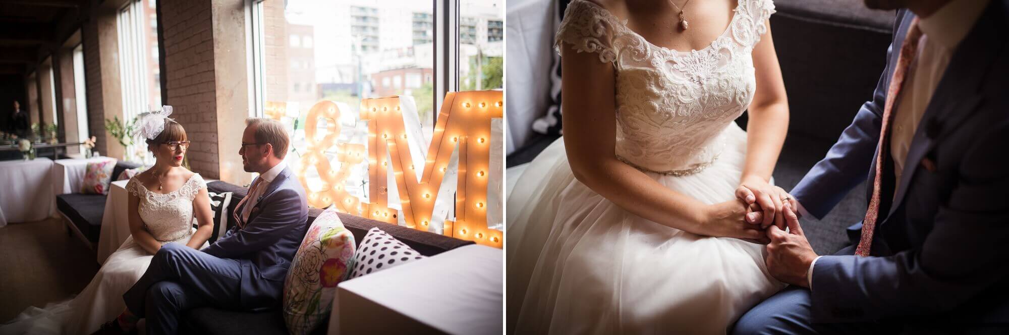 Detailed shot of the bride and groom holding hands before their ceremony at Hotel Ocho, Toronto