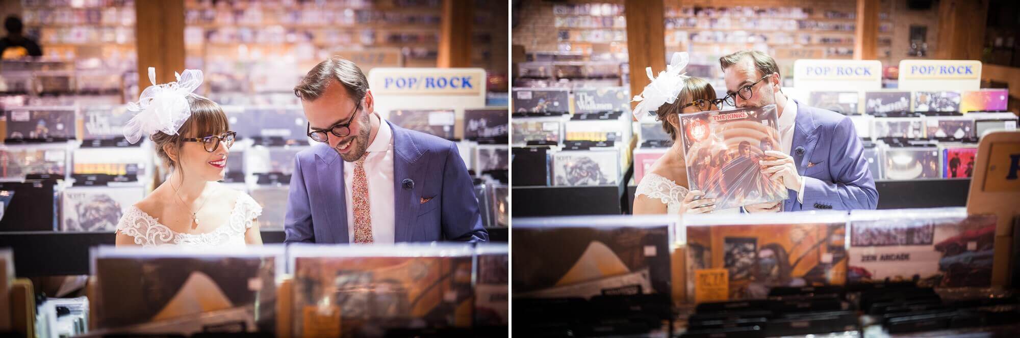 The bride and groom having fun selecting records at the Sonic Boom, Toronto