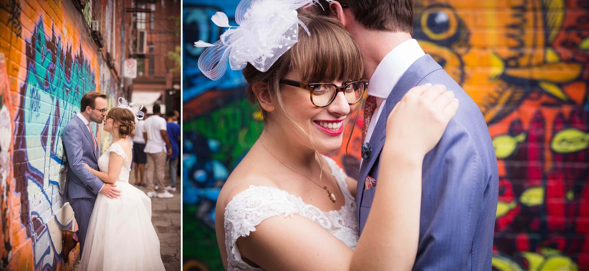Portraits of the bride and groom in a colourful, graffiti, alley way in Toronto