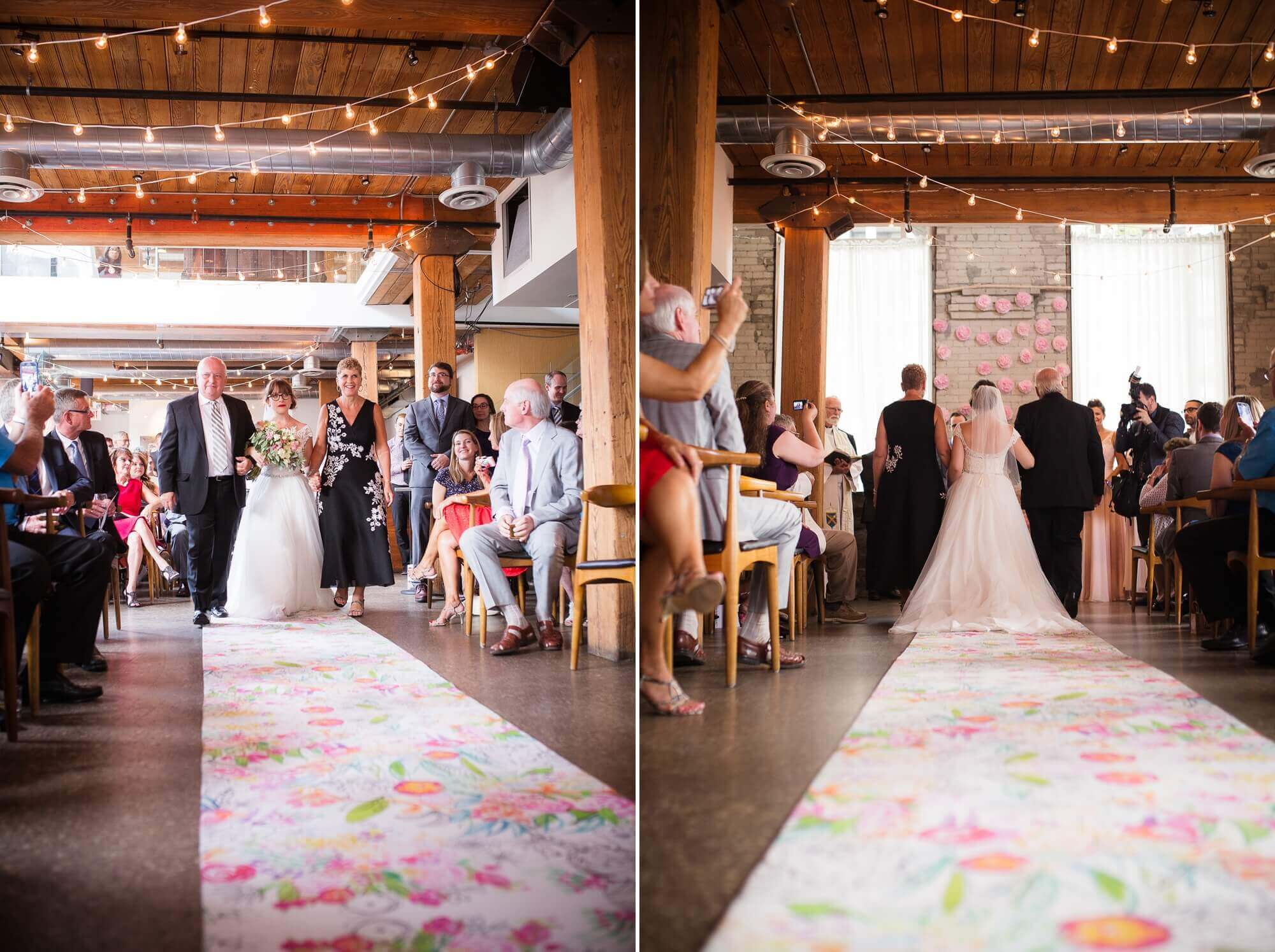 Beautiful bride walks down a boho, flower carpet to her groom at Hotel Ocho, Toronto