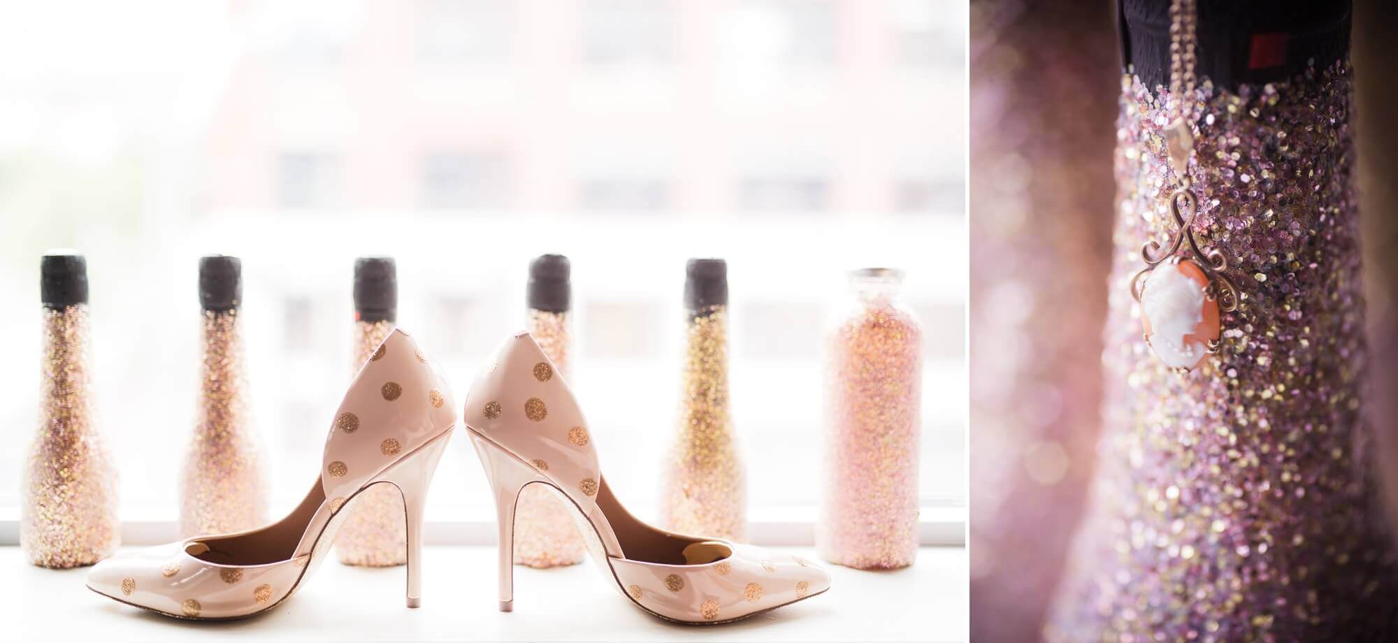 Details of the bride's pink and gold polka dot heels and crystal necklace 