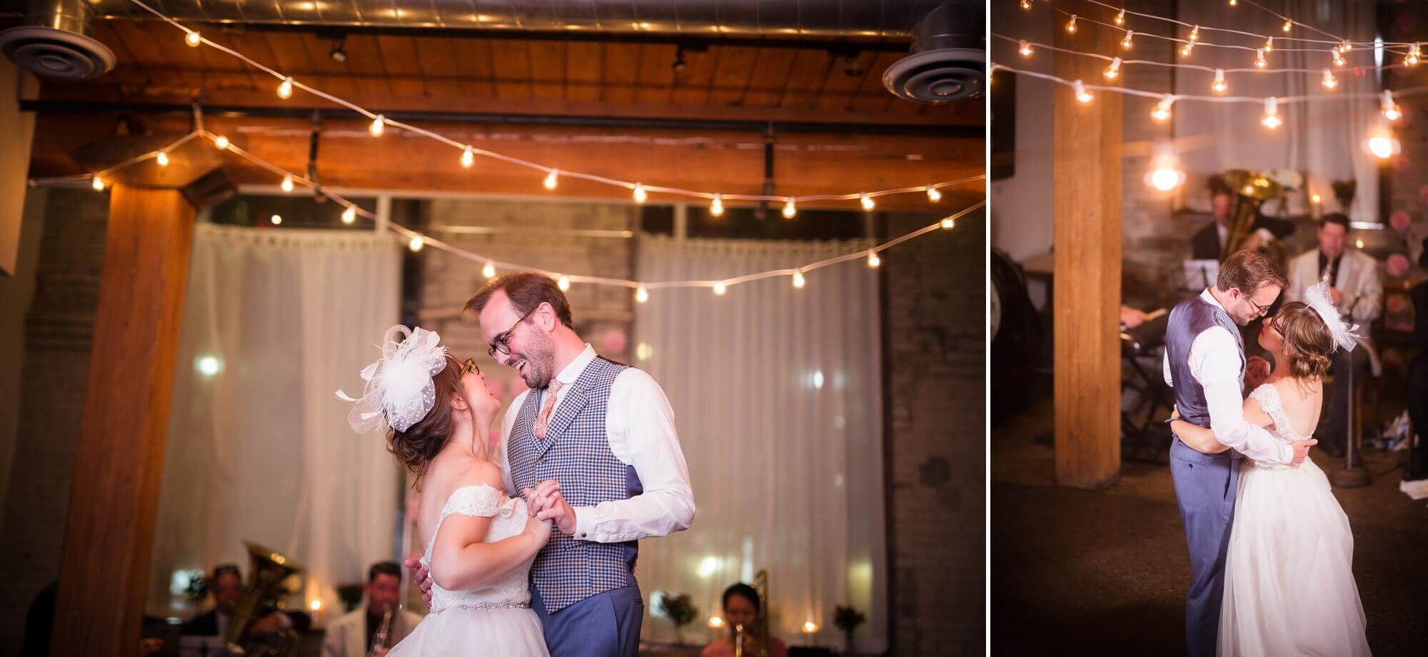 The bride and groom dance under string lights at Hotel Ocho, Toronto