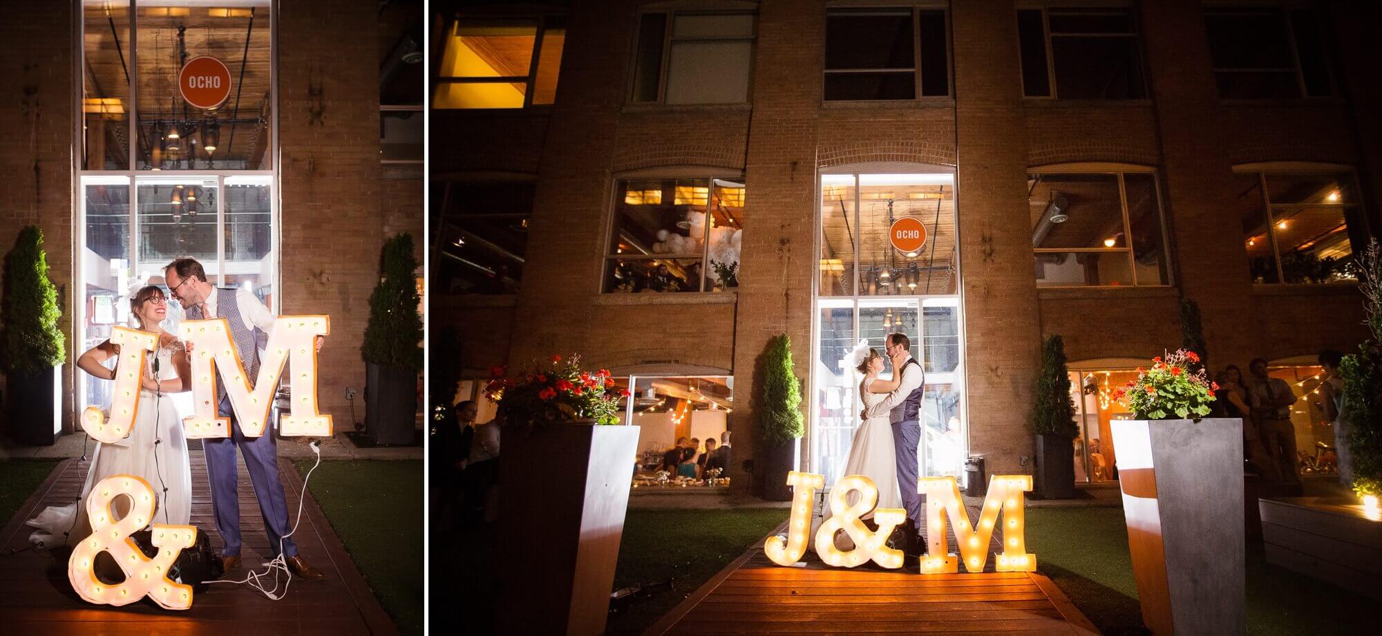 DIY initials of the bride and groom outside of their wedding reception at Hotel Ocho, Toronto