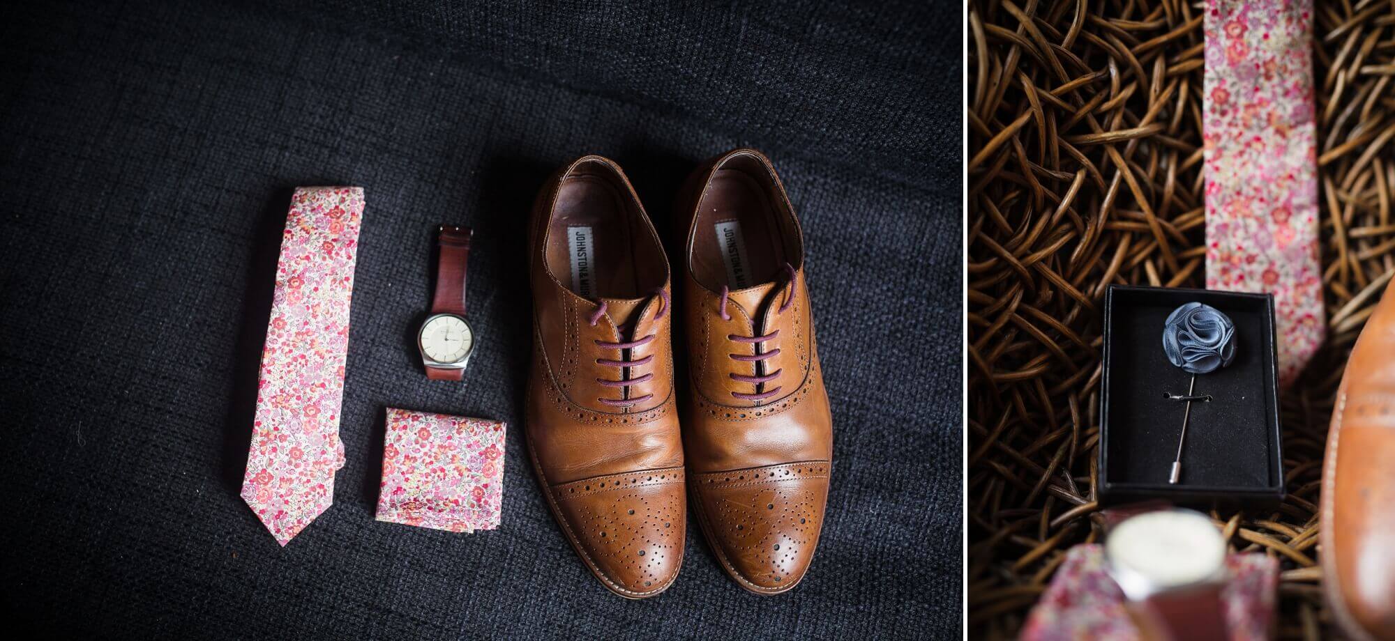Details of the grooms boho floral tie, watch and shoes 