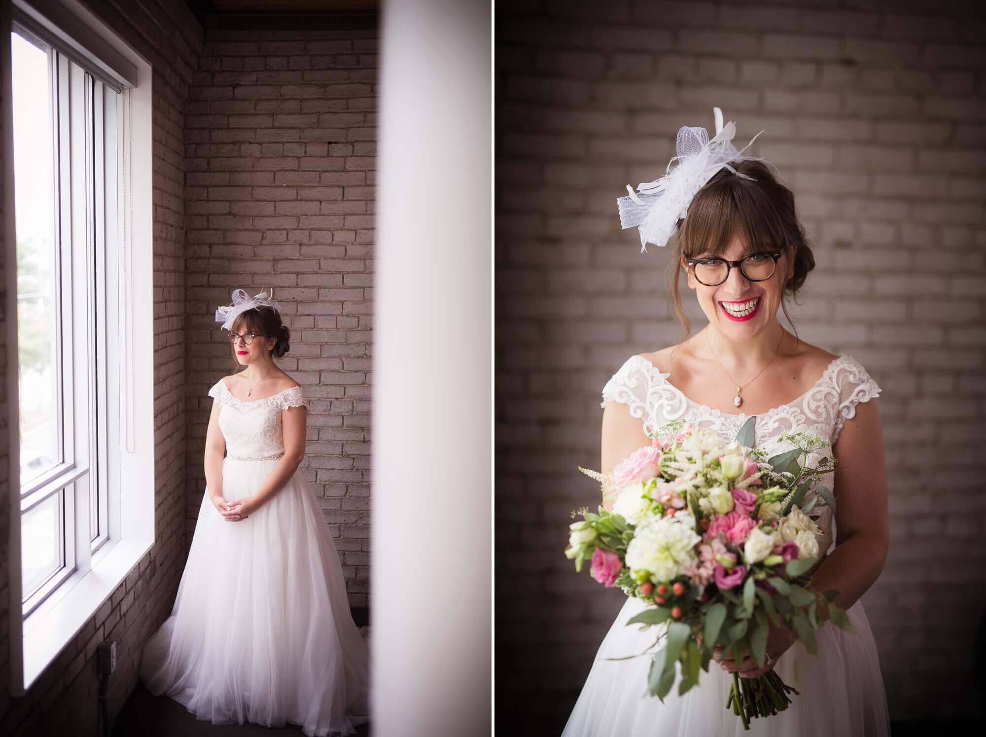 Beautiful portrait of the bride and her bouquet in the window of Hotel Ocho, Toronto