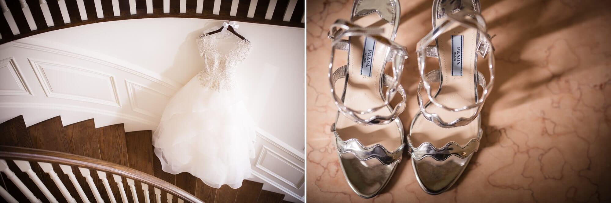 The bride's dress hangs in the stairwell, a detailed shot of the brides silver high heels.