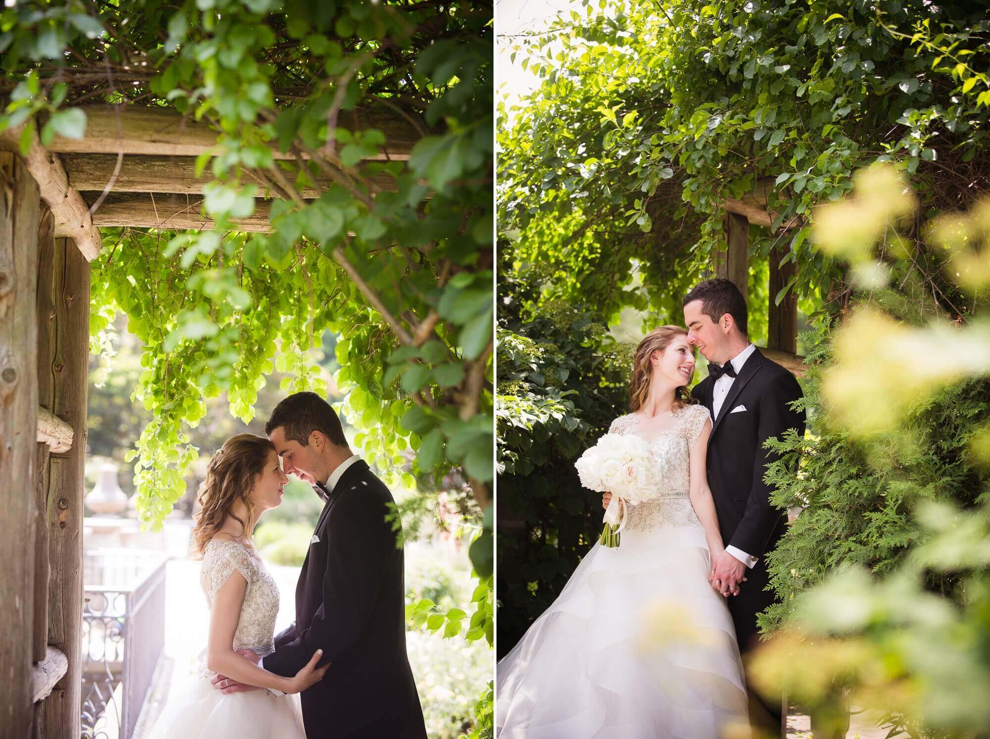 Portraits of the Bride and Groom under a vine archway at Alexander Muir Gardens in Toronto