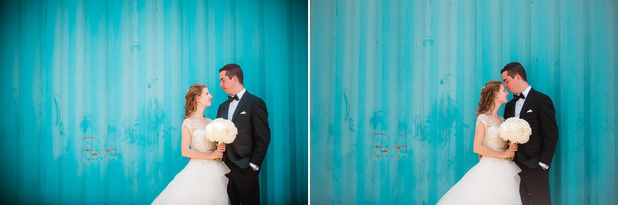 Portraits of the Bride and Groom in front of a blue steel wall in Toronto