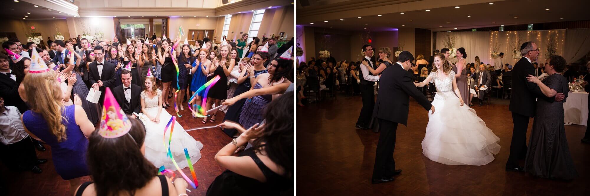 Guests dressed with party hats and streamers, circled around the Bride and Groom at Shaarei Shomayim in Toronto
