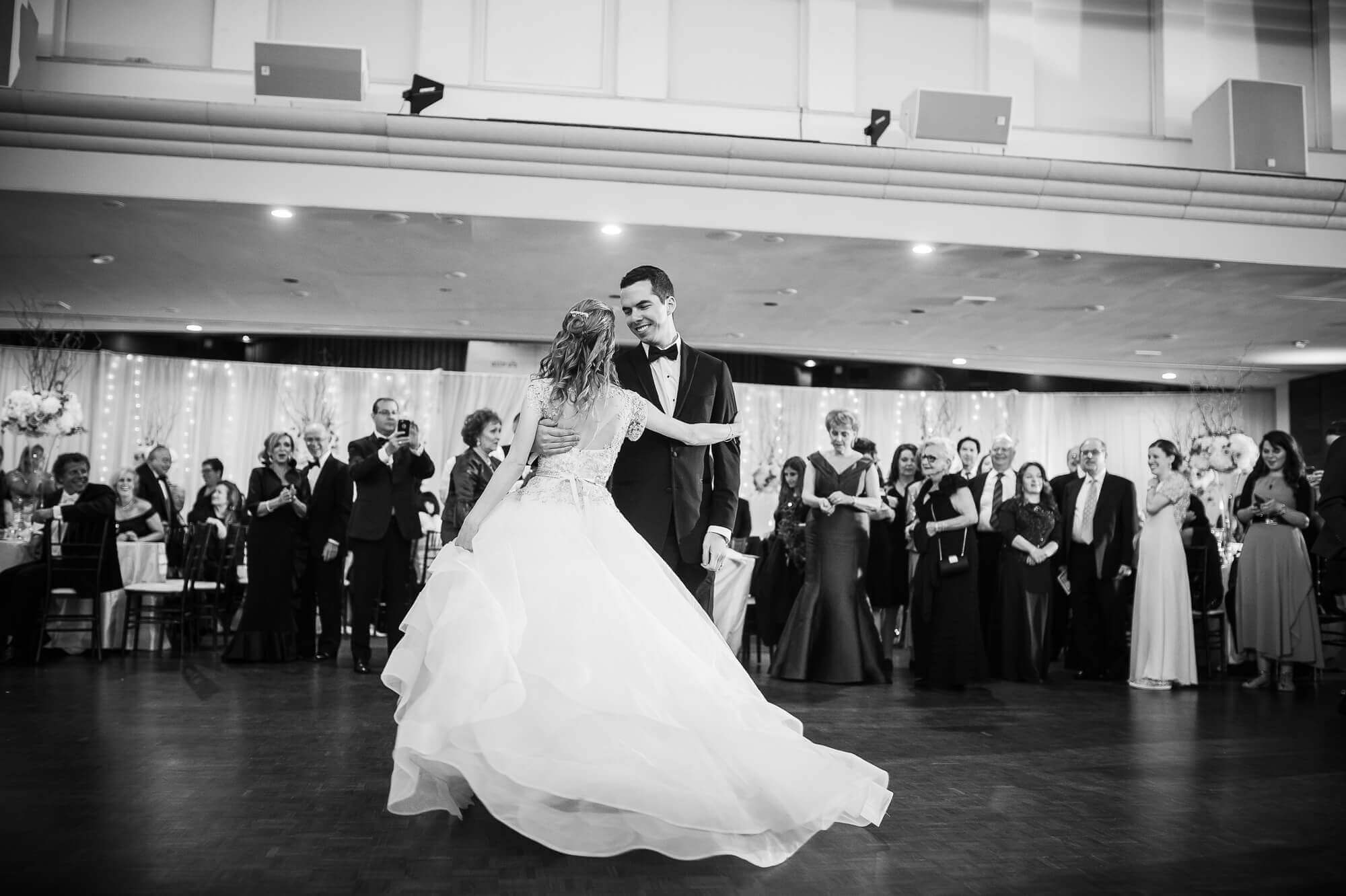 Black and White image of the Bride and Grooms first dance at Shaarei Shomayim in Toronto