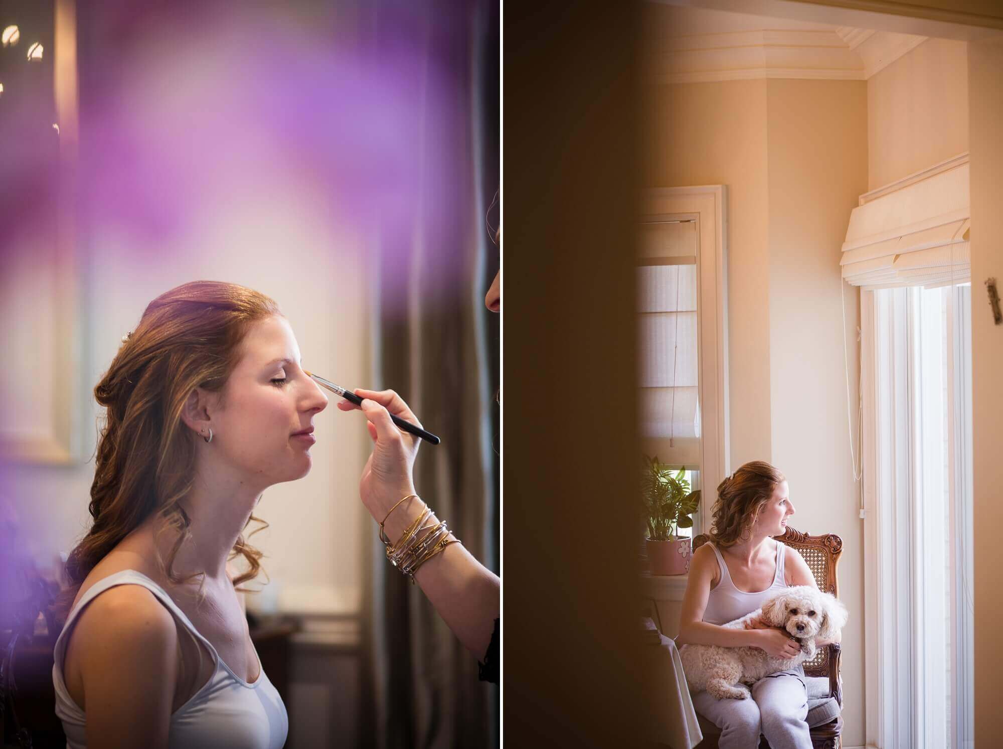 Getting ready photos of the bride having her makeup done, and sitting at a window with her dog.