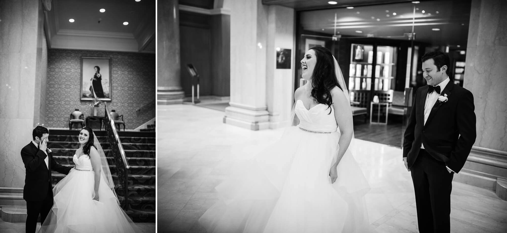 Black and white portraits of the bride doing a spin for her groom when he sees her for the first time at the Omni King Edward Hotel in Toronto