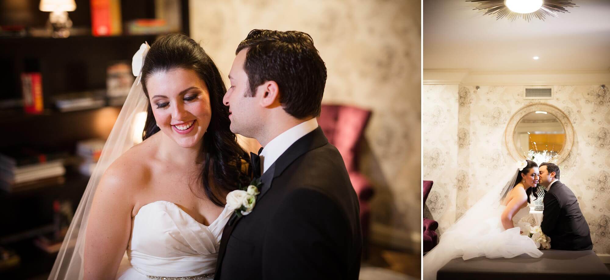 Portraits of the groom kissing his bride on the cheek at the Omni King Edward Hotel in Toronto