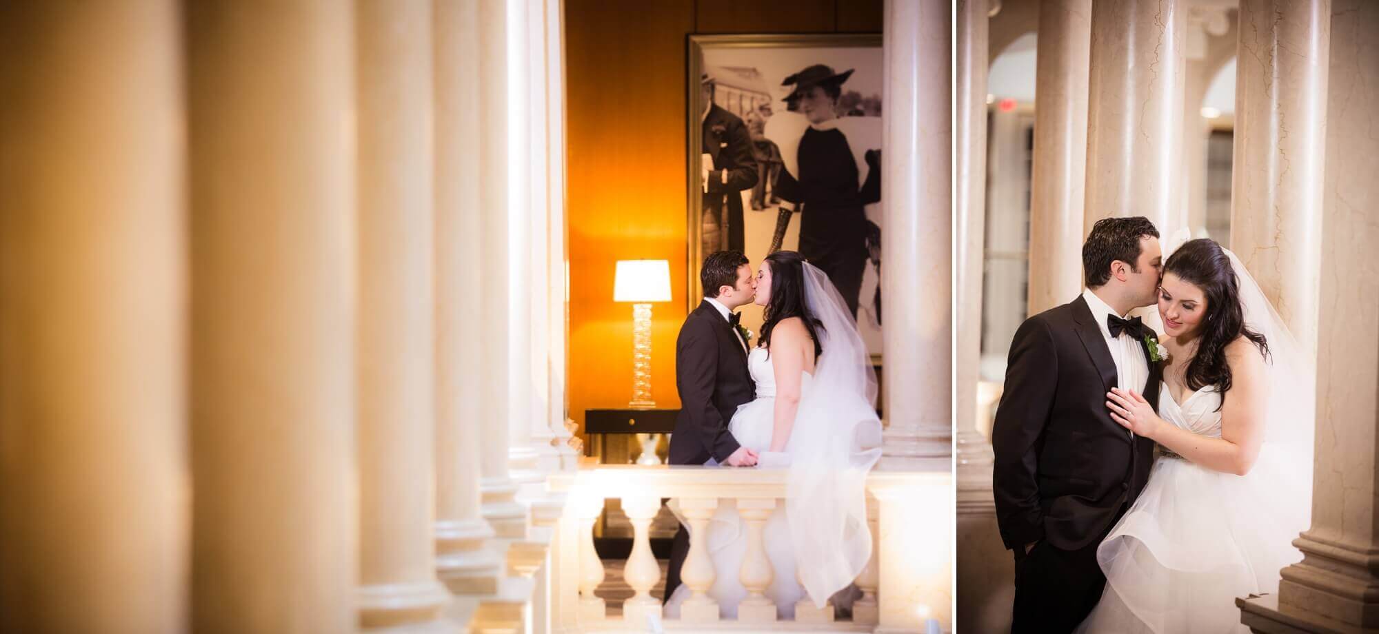 Portraits of the bride and groom through columns at the the Omni King Edward Hotel in Toronto