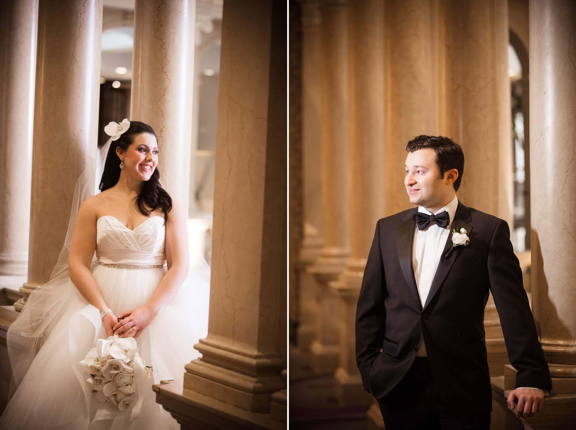 Individual portraits of the bride and groom leaning on the columns at the Omni King Edward Hotel in Toronto 