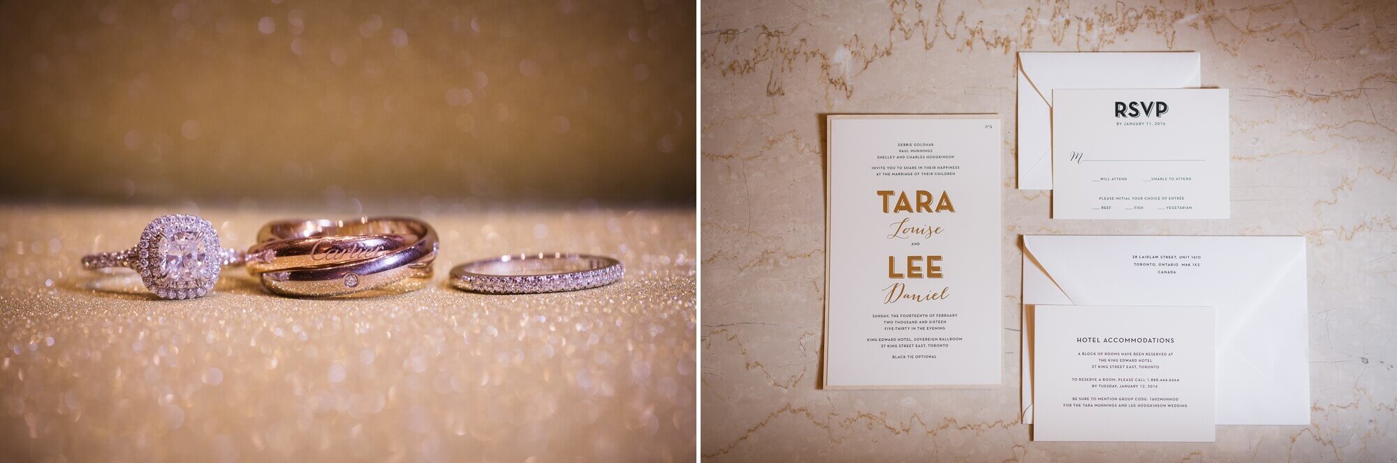 Detailed shot of the wedding rings, engagement ring and wedding invitations