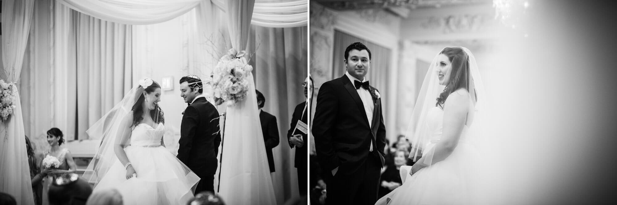 Black and white portraits of the bride and groom during their ceremony at the Omni King Edward Hotel in Toronto