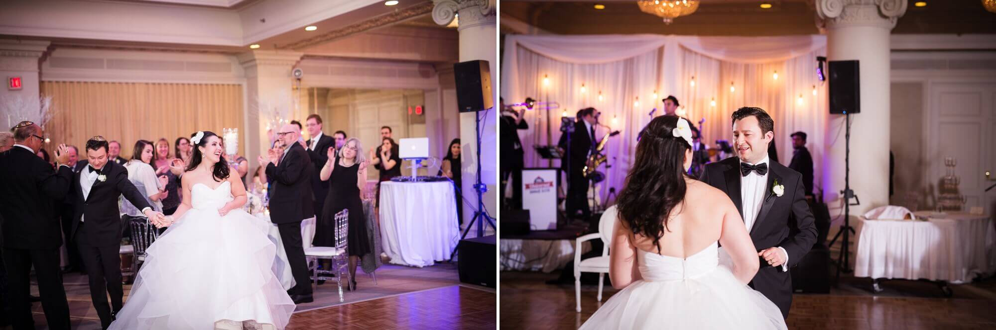 Portrait of the bride and groom dancing together at the Omni King Edward Hotel in Toronto