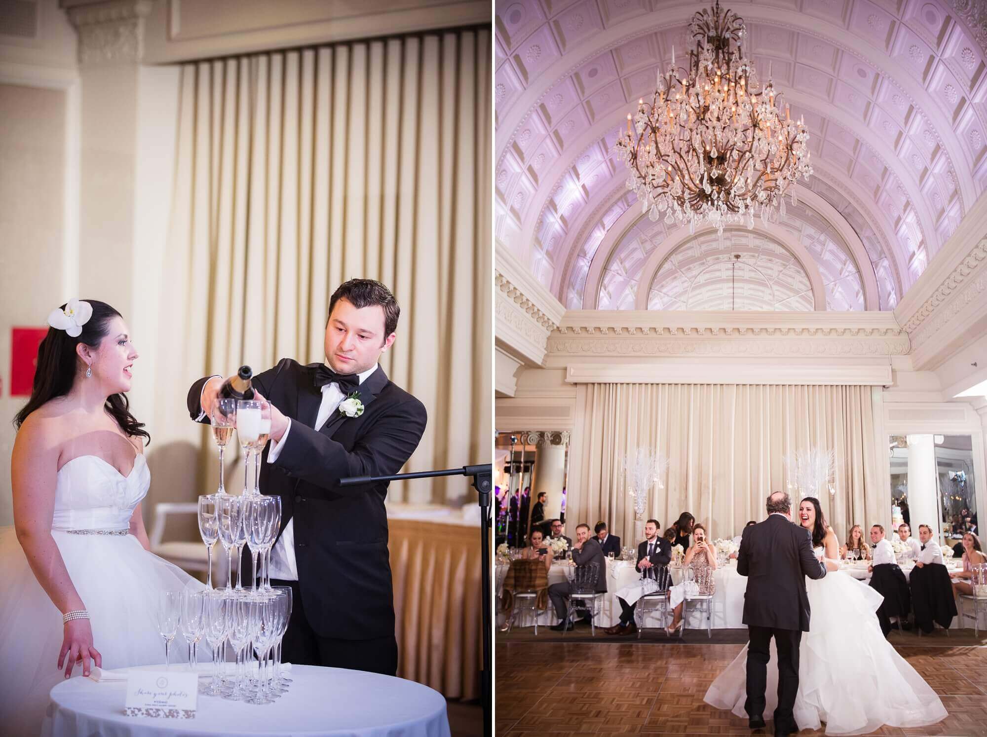 Portrait of the groom elegantly pouring champagne into a tier of glasses at the Omni King Edward Hotel in Toronto