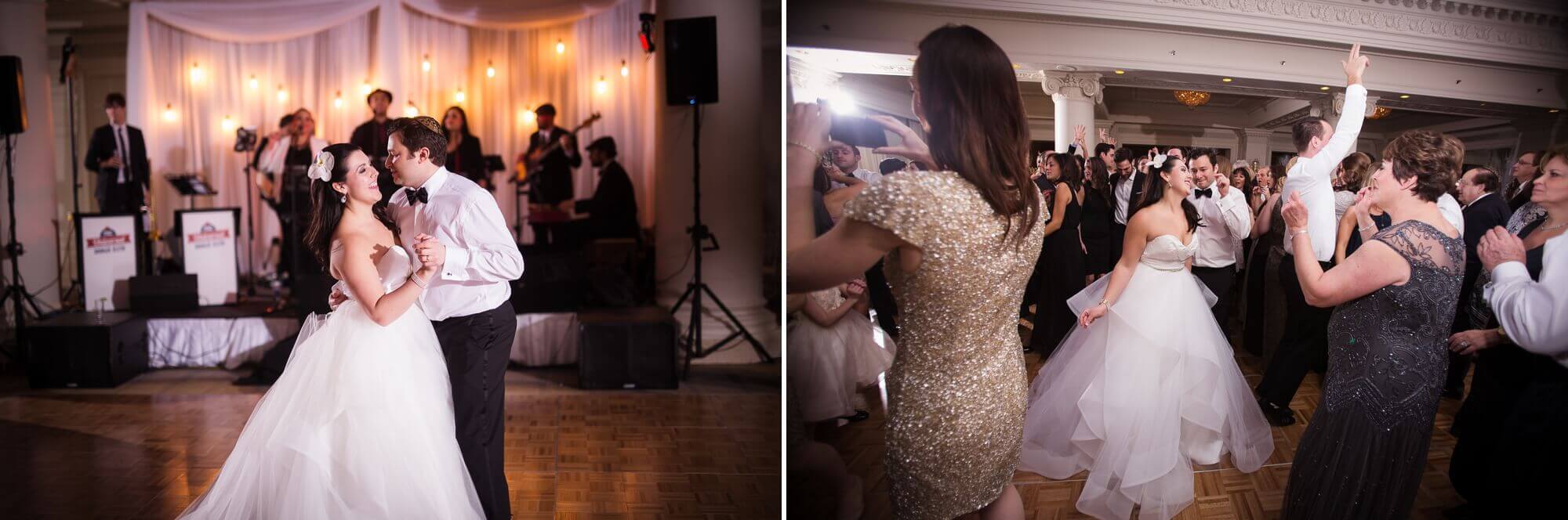 the bride and groom on the dance floor dancing with their surrounding guests at the Omni King Edward Hotel in Toronto