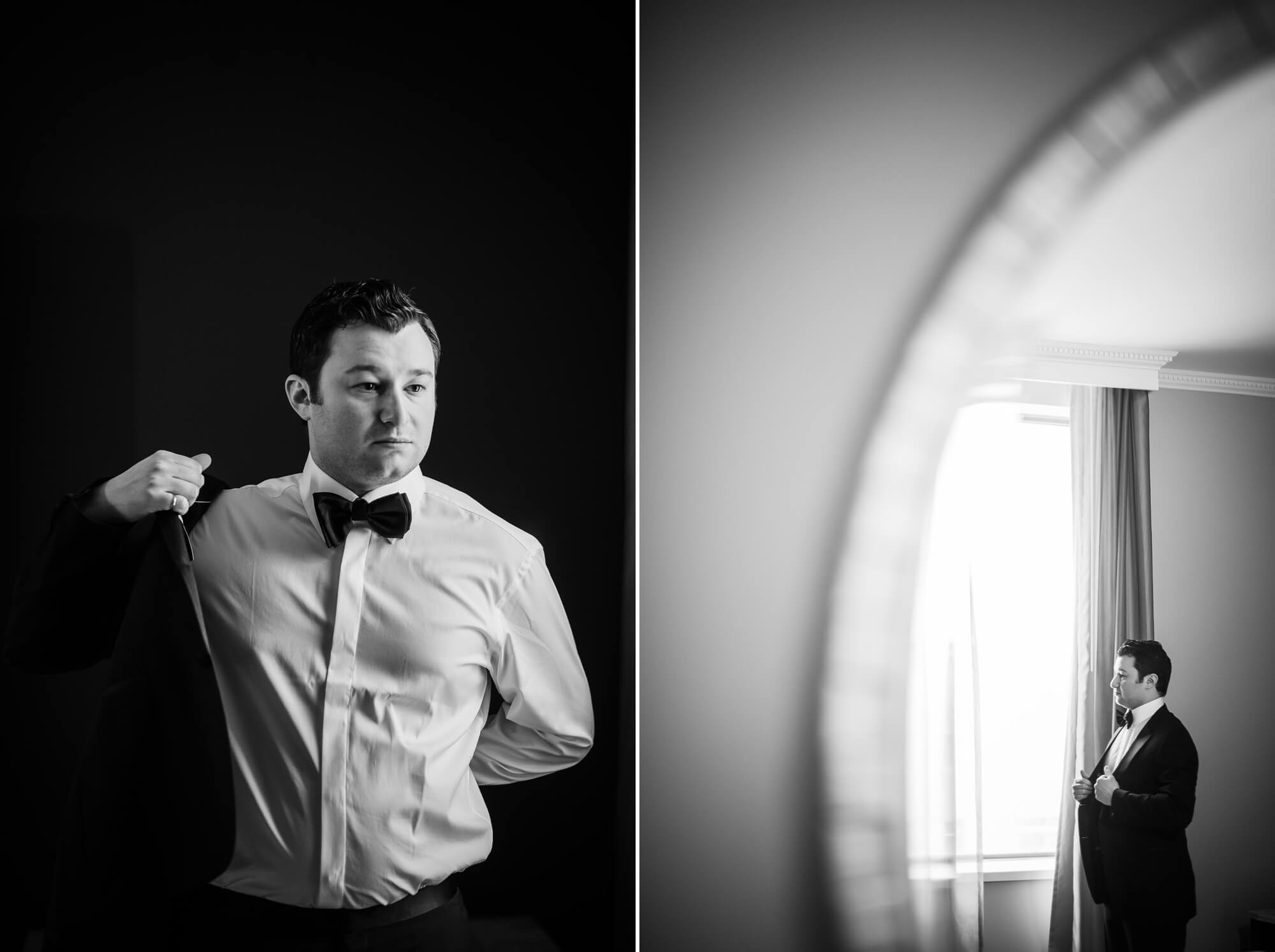 Black and white portrait of the groom putting on his wedding day tux in Toronto