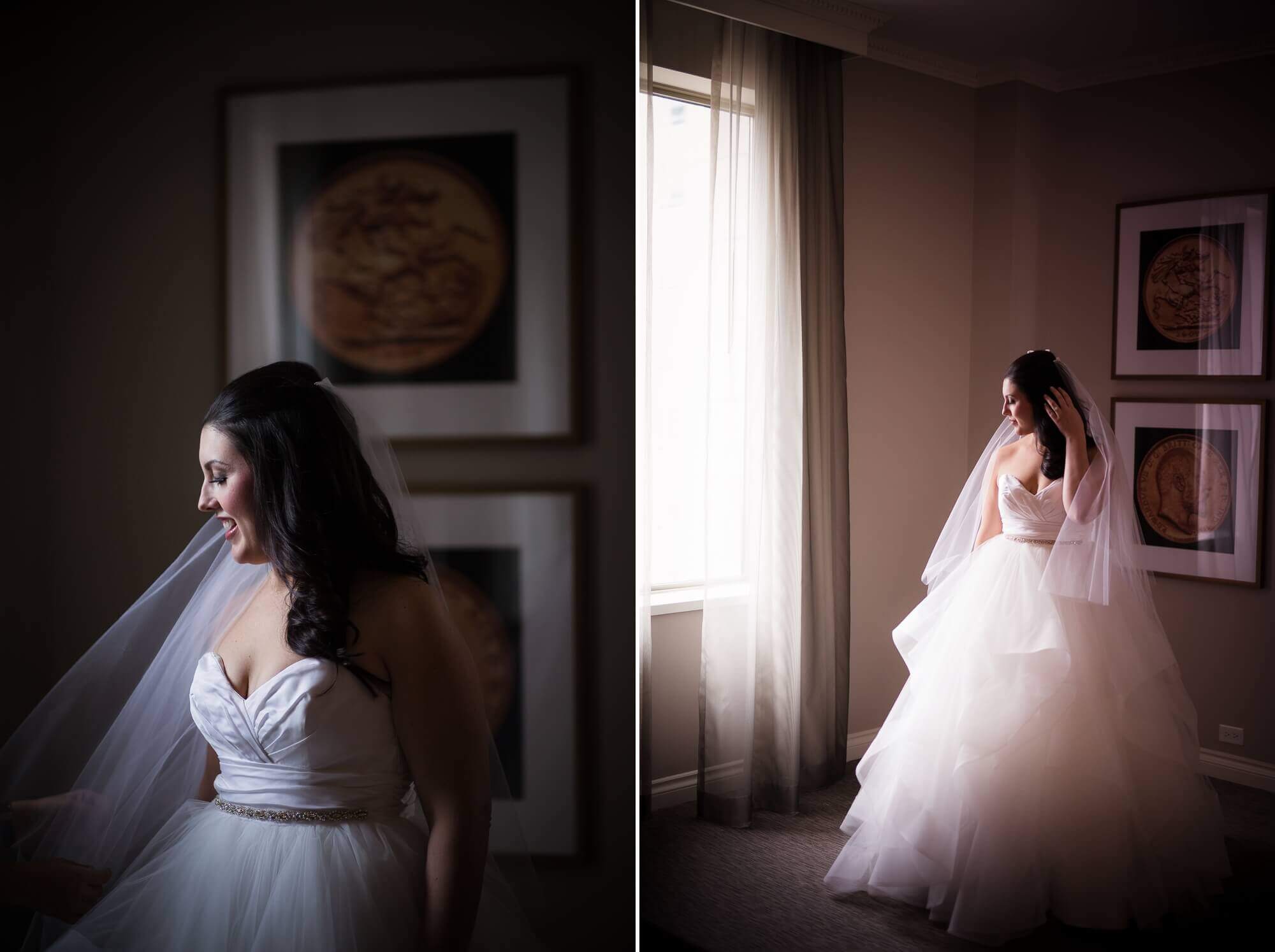 Luminous portraits of the bride in her gown at the Omni King Edward Hotel in Toronto