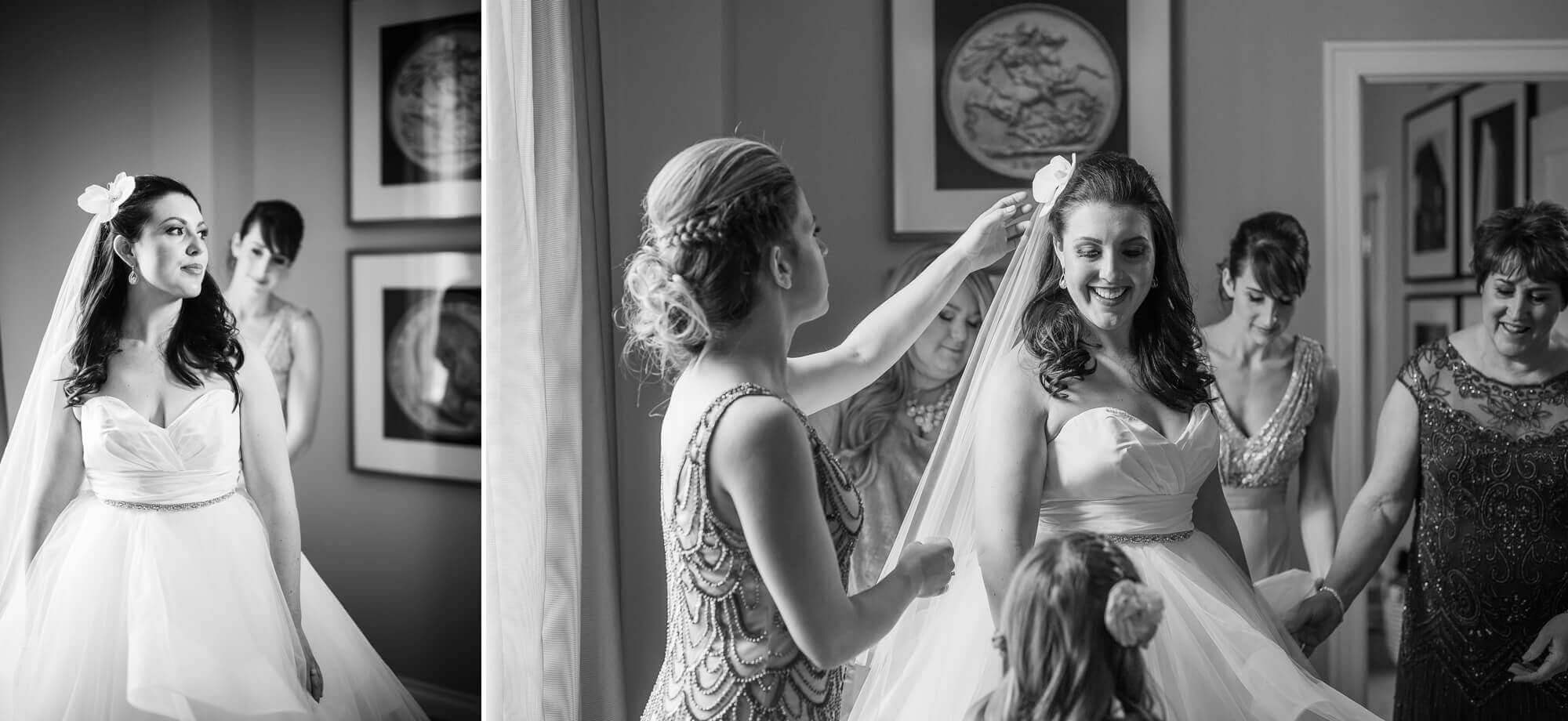 Details of the bride's last minute outfit touches as her brides maids place on her veil at the Omni King Edward Hotel in Toronto