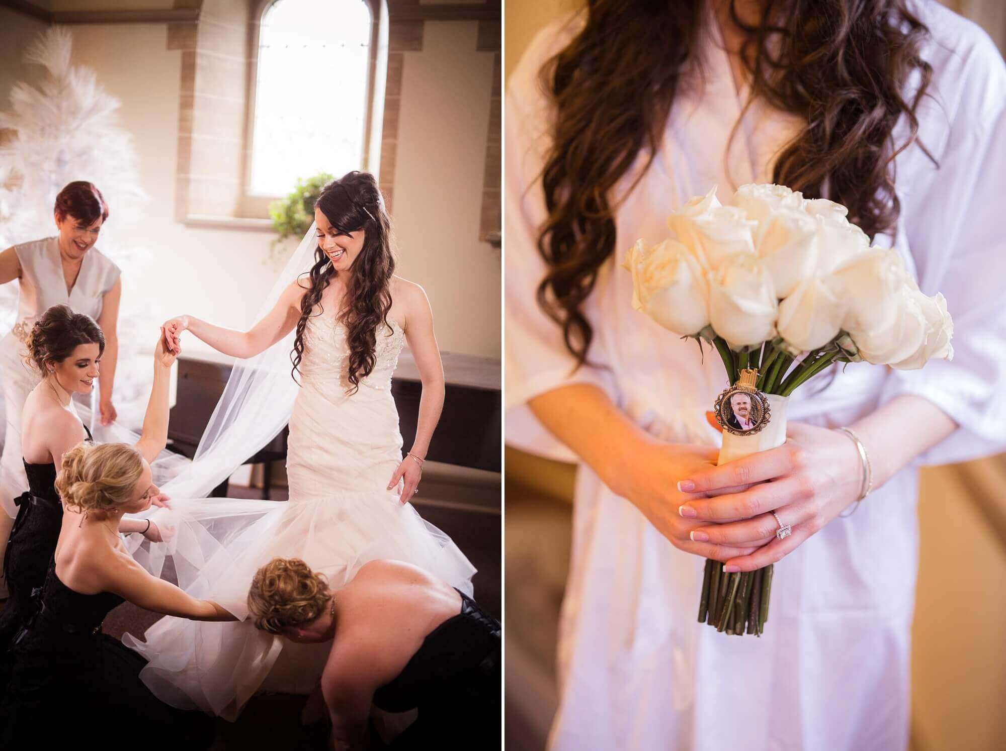The bride is put into her dress with help from her bridal party in Toronto