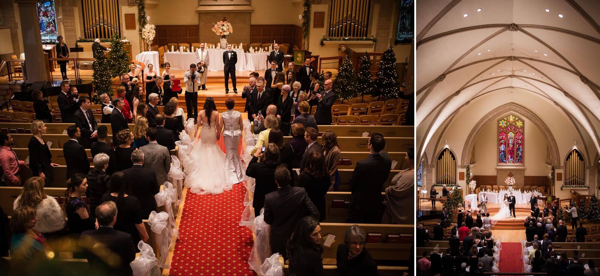 Overview of the Rosedale United Church in Toronto, as the bride walks down the aisle to her groom