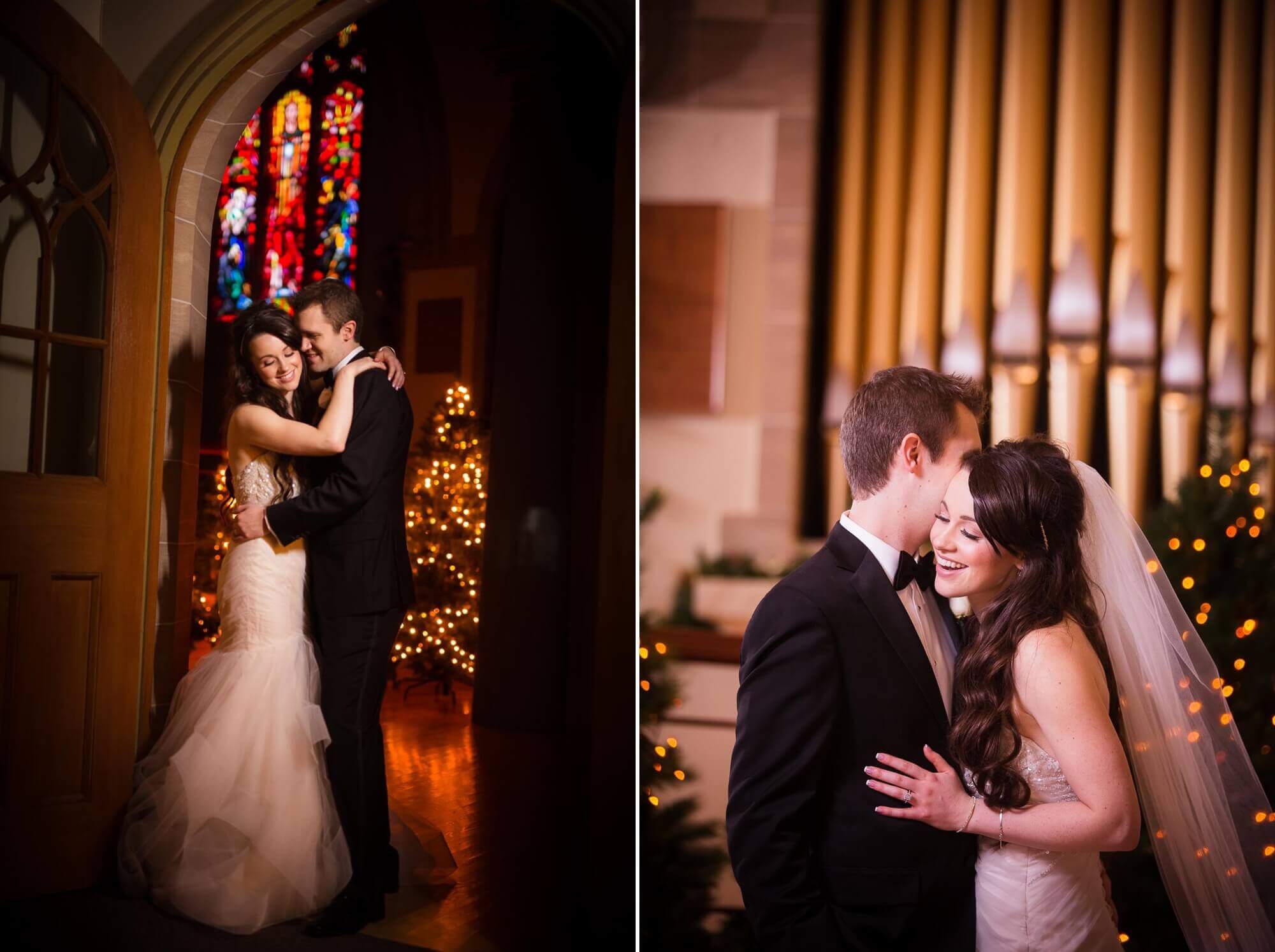 Portraits of the bride and groom illuminated by the Rosedale United Church Christmas decorations