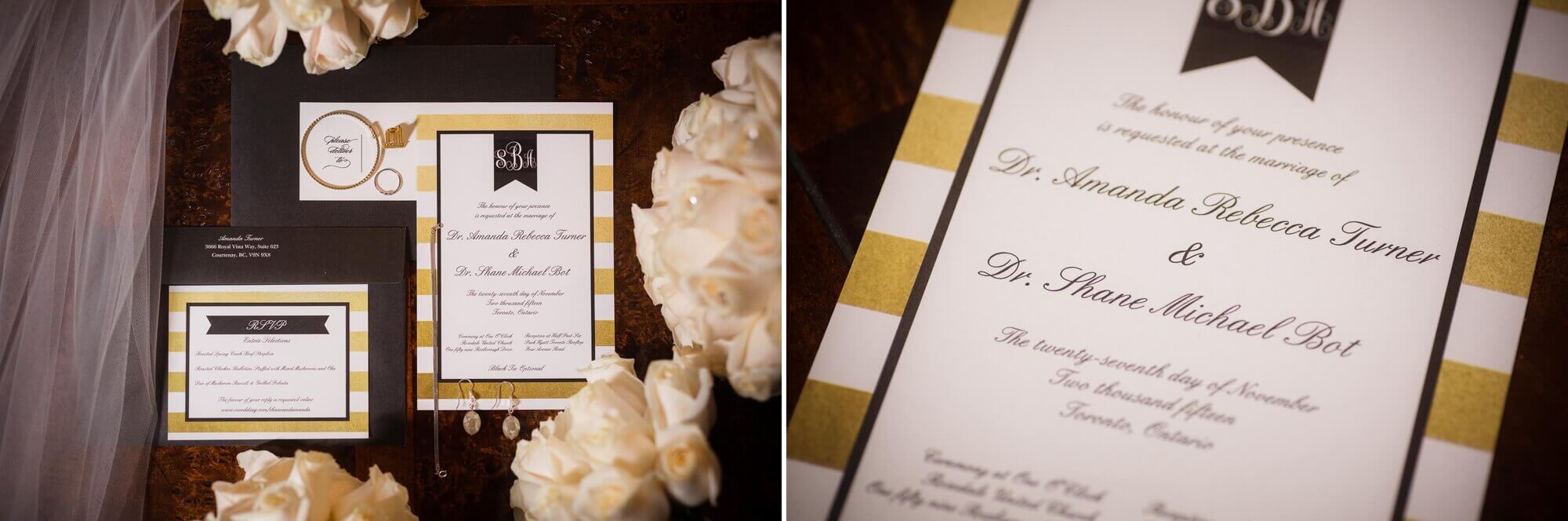 Detailed shot of the bride and grooms gold and black wedding invitations 