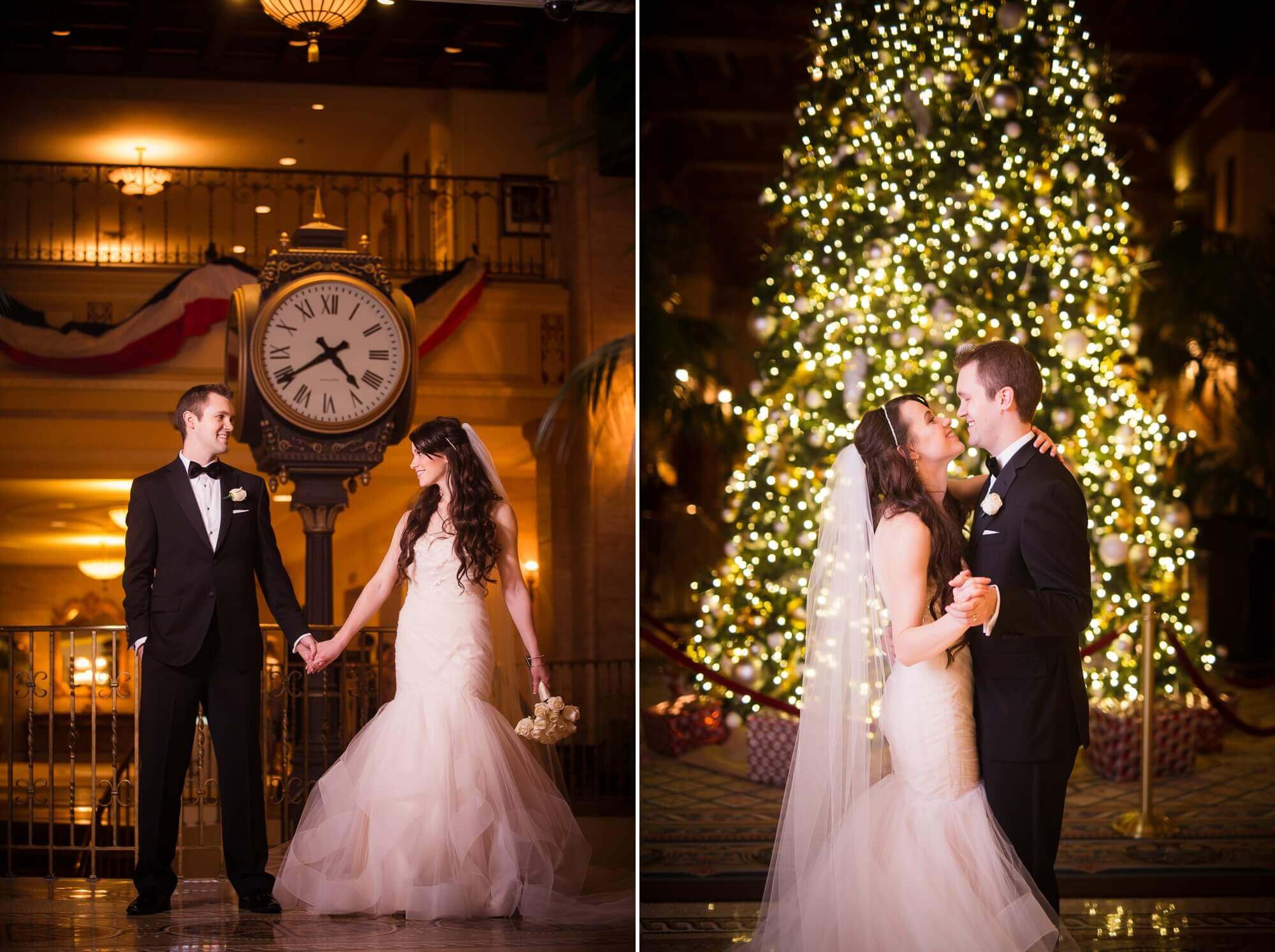 Portrait of the bride and groom dancing in front of the Fairmont Royal York Christmas tree, in Toronto