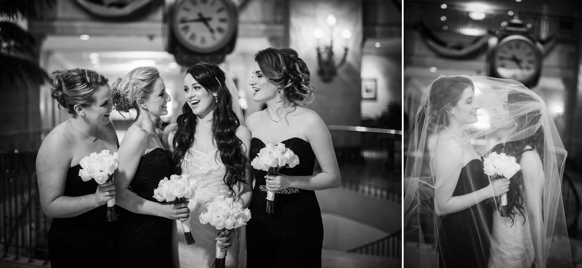 Black and white portrait of the bride and her bridal party at the Fairmont Royal York in Toronto