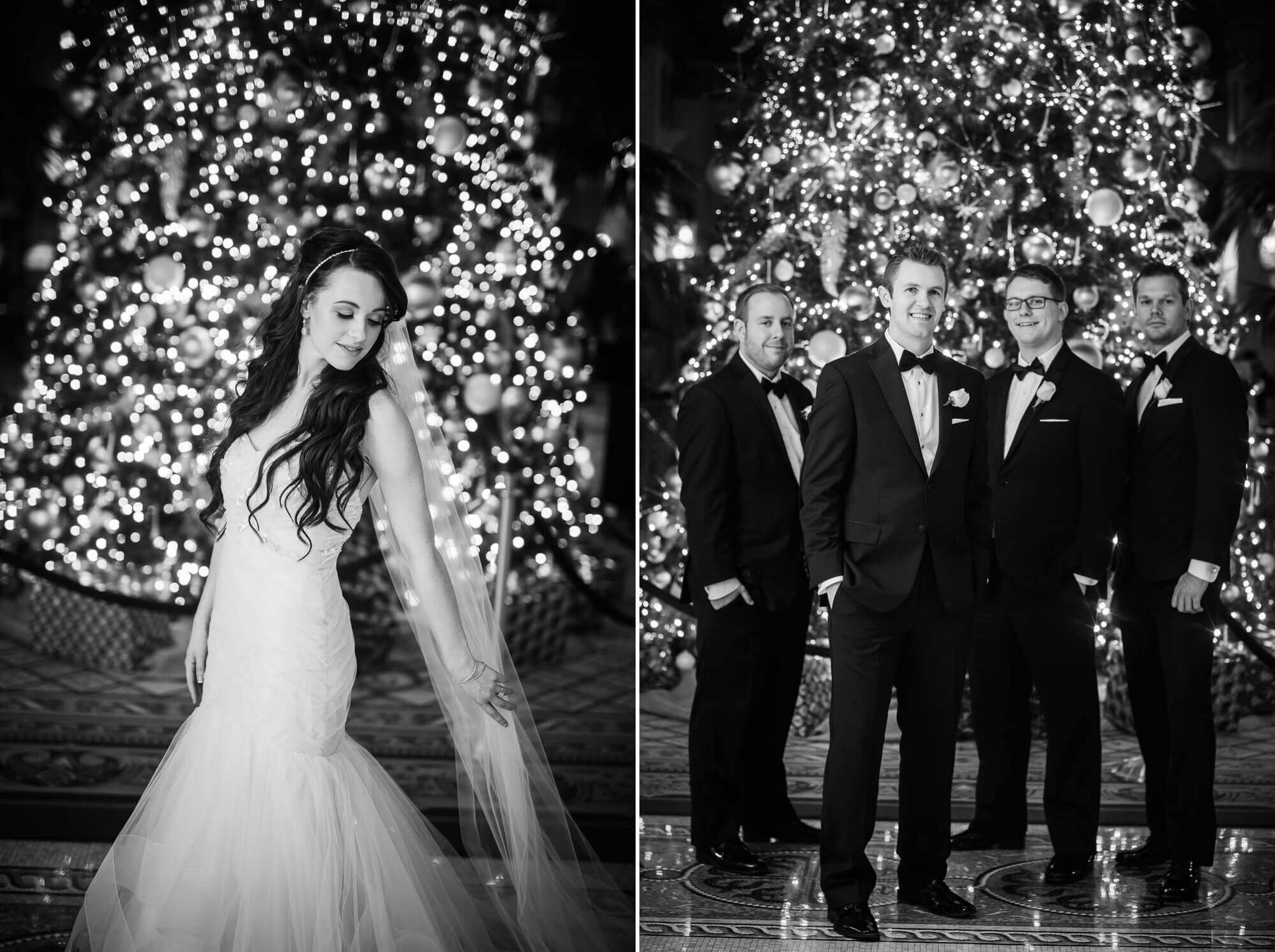 Stunning black and white portrait of the bride showing off her wedding dress in front of the Fairmont Royal York Christmas tree, in Toronto