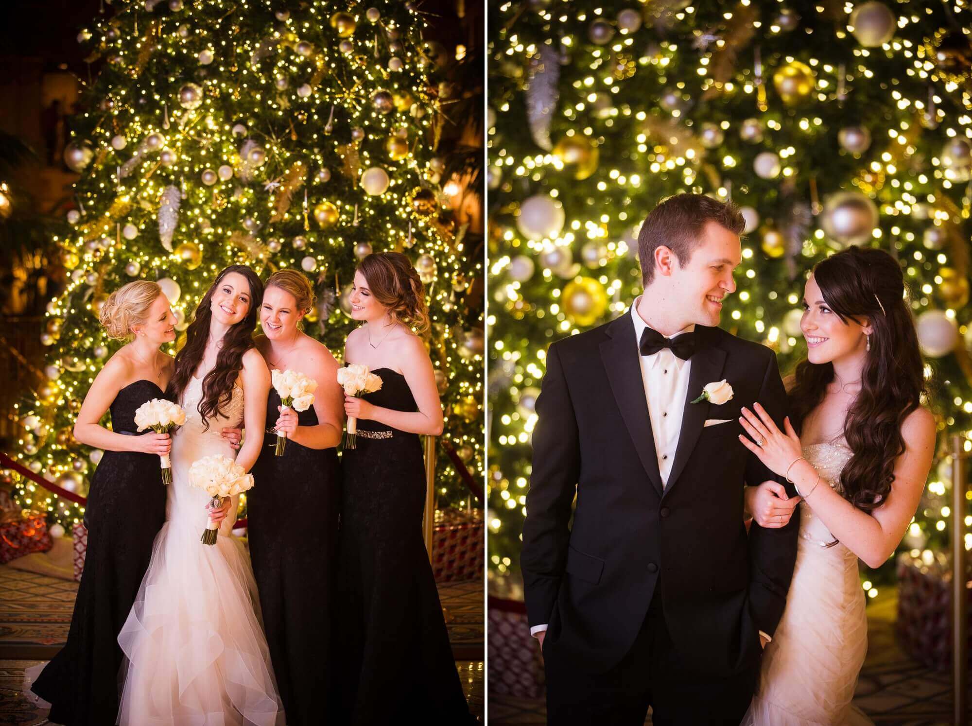 Portrait of the bride holding onto her grooms arm, illuminated by the lights on the Christmas tree at Fairmont Royal York in Toronto