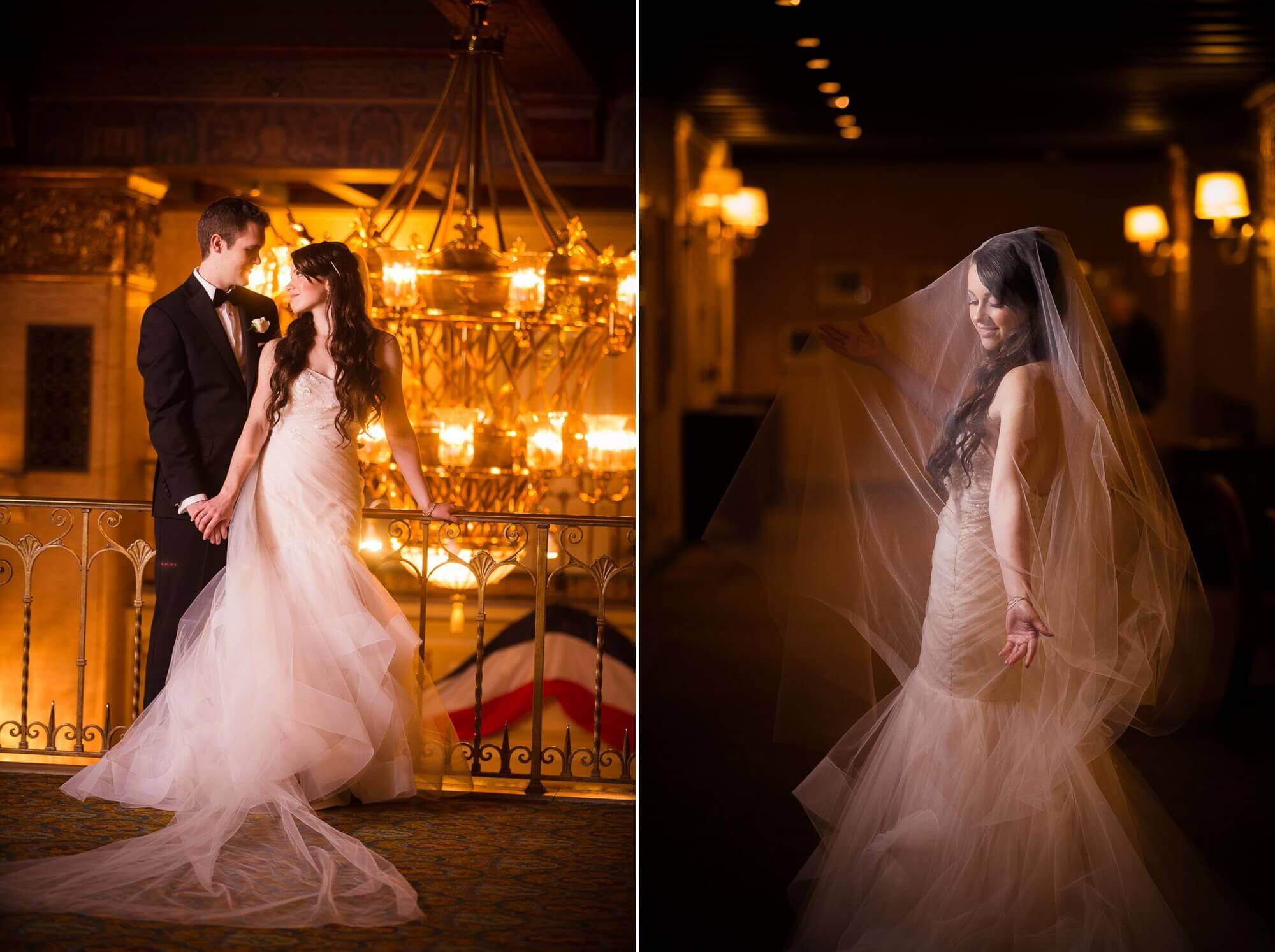Portrait of the bride underneath her veil surrounded by beautiful lights at the Fairmont Royal York in Toronto