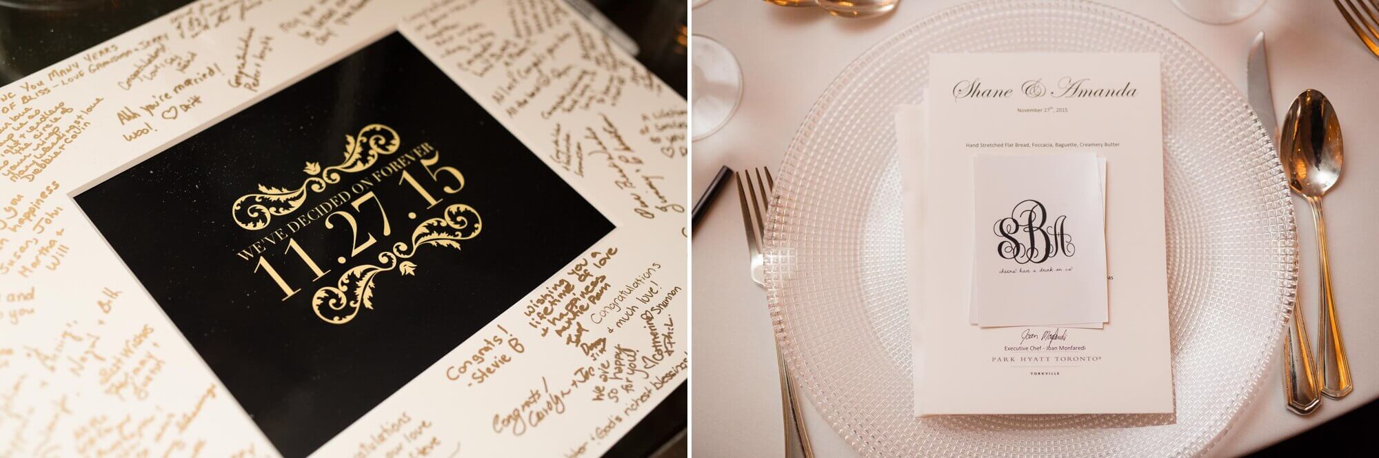 Details of the signatures by the bride and grooms guests at the Fairmont Royal York, Toronto 