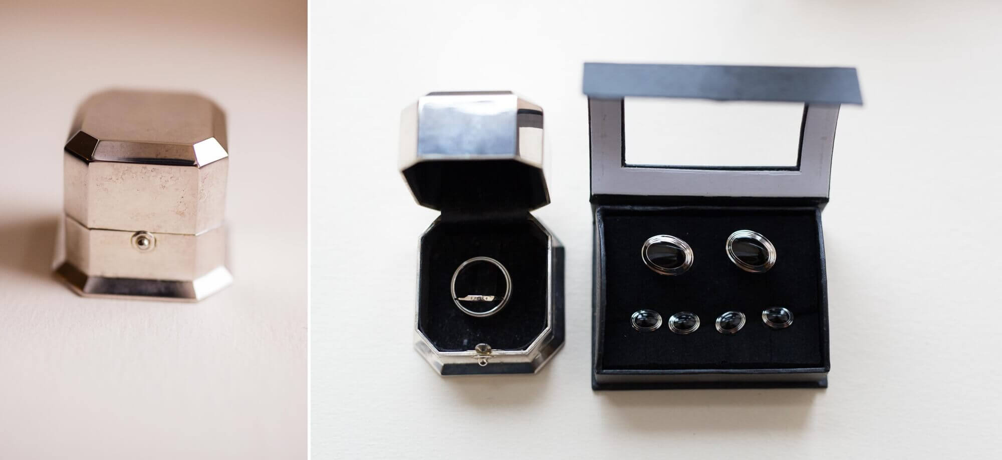 Details of the ring box and the grooms cufflinks